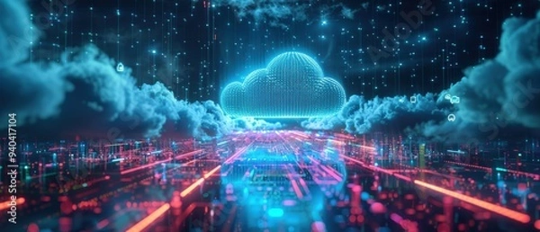 Fototapeta Futuristic Hologram Display of Cloud Infrastructure Technology