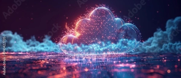 Fototapeta Futuristic Hologram of Cloud Computing Network with Glowing Digital Connections on White Background
