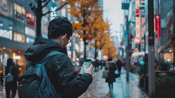 Fototapeta A young man wearing a backpack looks at his phone while walking down a lively city street lined with trees and autumn leaves, with blurred pedestrians and city lights in the background.
