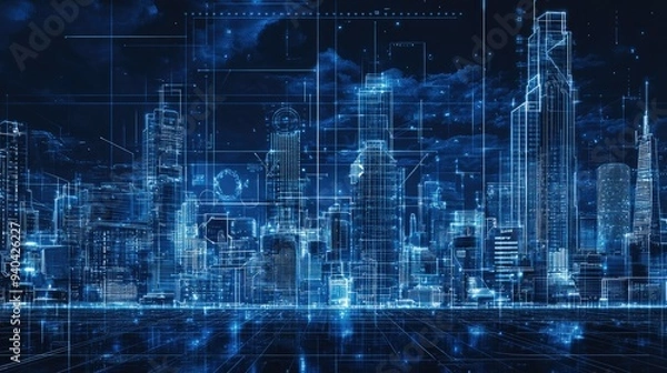 Fototapeta Futuristic cityscape with digital blueprints overlay