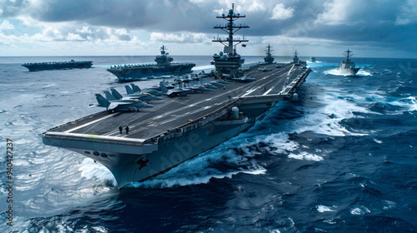 Fototapeta A powerful aircraft carrier group sails in tight formation across the ocean under cloudy skies, showcasing naval strength, military coordination, and maritime dominance.