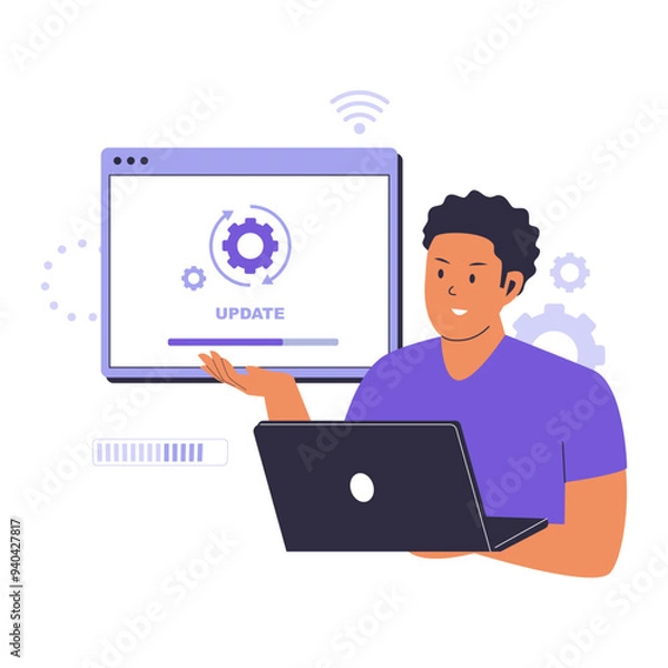 Fototapeta Modern flat system update illustration concept. Illustration for websites, landing pages, mobile applications, posters and banners. Trendy flat vector illustration