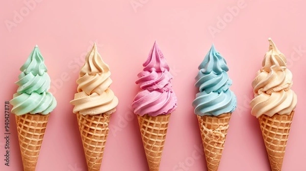 Fototapeta 2. A row of five colorful ice cream cones, pastel background featuring pink strawberry, beige vanilla, peach, lavender, and turquoise flavors, waffle cones, soft serve style, minimalist composition,