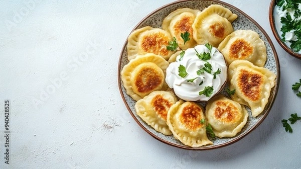 Fototapeta Top view of Polish pierogi with sour cream, neatly arranged with ample copy space on a clean background.