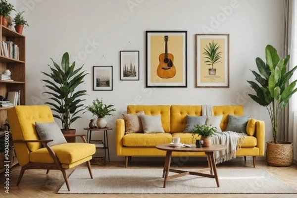 Fototapeta Vintage and cozy space of dining room with mock up poster frame, yellow sofa, wooden coffee table, guitar, plants, commode, decoration and personal accessories