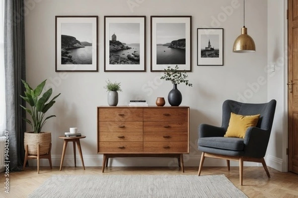 Obraz Interior design of scandinavian living room with stylish wooden commode, mock up poster frames, book, ceramic vessel,  decoration, carpet and personal accessories in retro home decor
