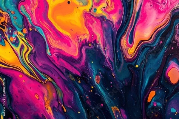 Fototapeta Colorful abstract liquid glass background. wallpaper neon. Fluid painting abstract texture. Intensive colorful mix of acrylic neon colors, ai