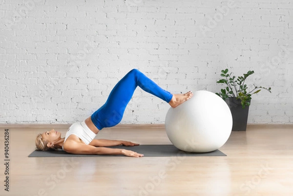 Fototapeta Workout with fitness ball. Fit Caucasian woman practice hamstring roll-in using props in loft studio indoor.