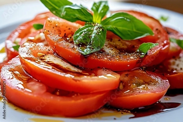 Fototapeta Freshly sliced tomatoes drizzled with olive oil, garnished with basil leaves and spices, perfect for salads and appetizers.