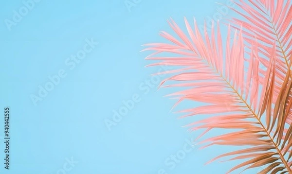 Fototapeta branch of palm leaves on a solid blue background, Generative AI