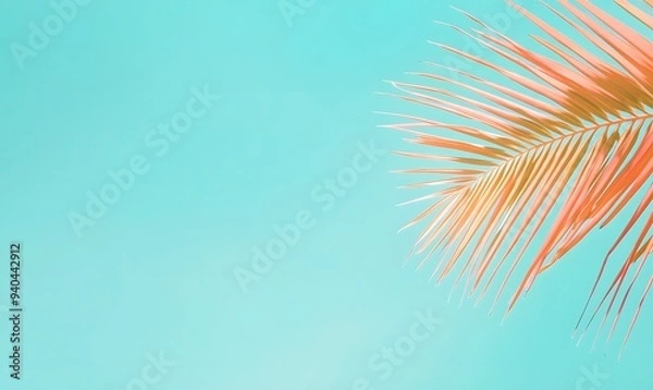 Obraz branch of palm leaves on a solid blue background, Generative AI
