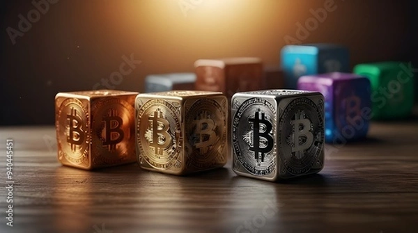 Fototapeta Cubes with logo of cryptocurrency. Bitcoin, Ethereum, Tether, USD coin, BNB, XRP, Solana and Avalanche. Crypto money concept. generative.ai