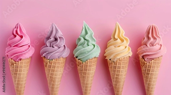 Fototapeta 5. Five colorful ice cream cones aligned in a row, pastel background, featuring pink strawberry, beige vanilla, peach, lavender, and turquoise flavors, waffle cones, soft serve style, minimalist