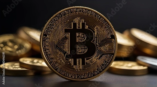 Fototapeta Bitcoin cryptocurrency coin on gold background. Cryptocurrency and finance concept.Glistening Bitcoins Amidst Golden Lights. generative.ai
