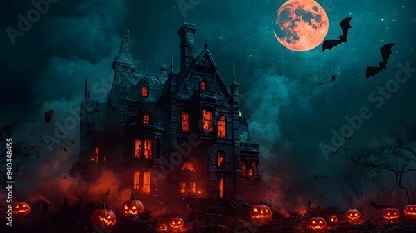 Fototapeta Spooky mansion surrounded by glowing pumpkins under a full moon.