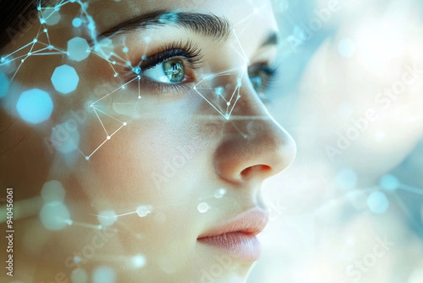 Obraz Face of a beautiful woman with bright network link and data flow background , the girl show a confident look with pretty eyes looking to the future , information and data backdrop with copy space