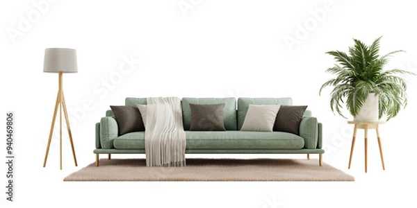 Obraz Green sofa and decor in living room on transparent background- 3D rendering