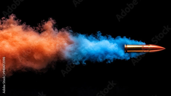 Fototapeta bullet in mid-flight leaves a dramatic trail of smoke, conveying speed, power, and impact in an empty blue backdrop, emphasizing motion and precision