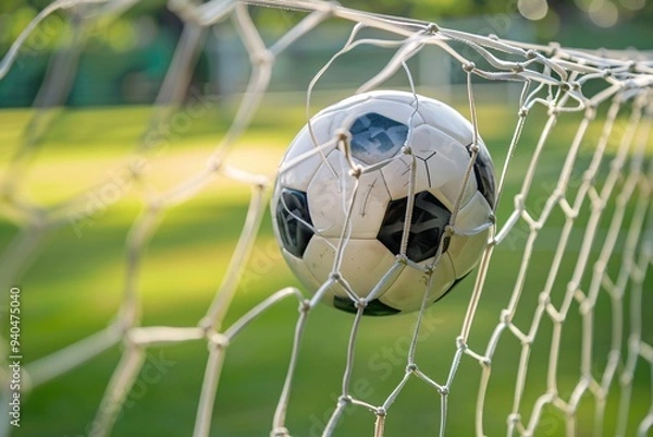 Fototapeta 1. Soccer ball striking the back of the net, intense goal-scoring moment, close-up of a white soccer ball with classic black pentagonal patches, net stretched tight against the ball, vivid green