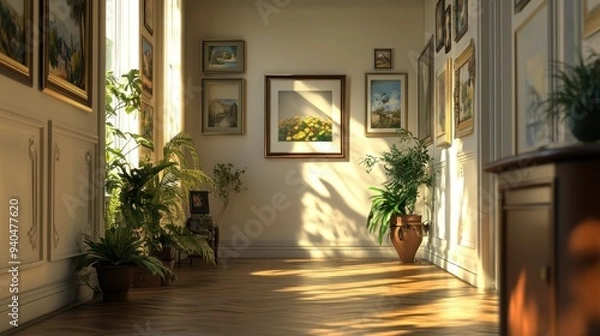 Fototapeta Sunlit Hallway with Framed Artwork and Plants