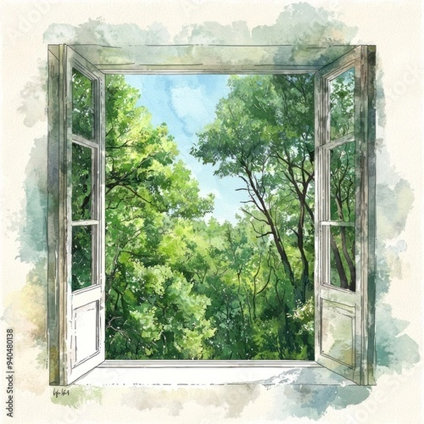 Fototapeta A high-quality, high-resolution photograph depicting a realistic view from a window with a watercolor clipart illustration of a lush green forest. The window offers a stunning perspective of towering