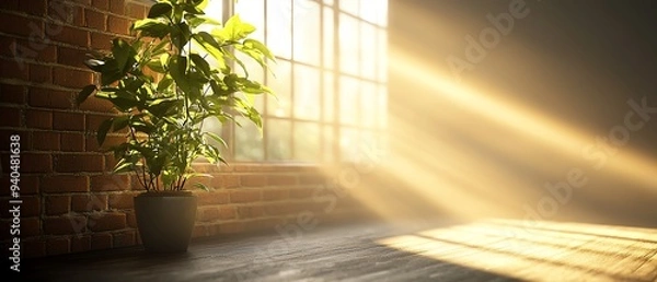 Fototapeta A serene indoor scene featuring sunlight streaming through a window, illuminating a vibrant green plant in a cozy space.