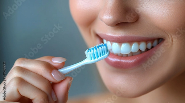 Fototapeta hand holding a toothbrush with toothpaste, set against a blurred background. This image symbolizes personal care, hygiene, and daily routines, promoting a fresh start