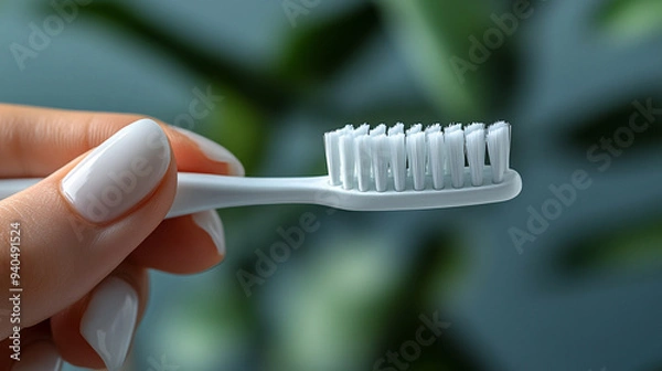 Fototapeta hand holding a toothbrush with toothpaste, set against a blurred background. This image symbolizes personal care, hygiene, and daily routines, promoting a fresh start