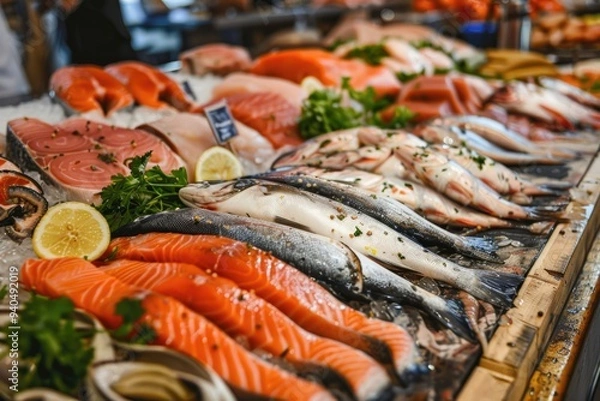 Fototapeta A vibrant counter at a market features a variety of fresh fish and seafood, including salmon, bass, and shrimp, all ready for customers to choose from