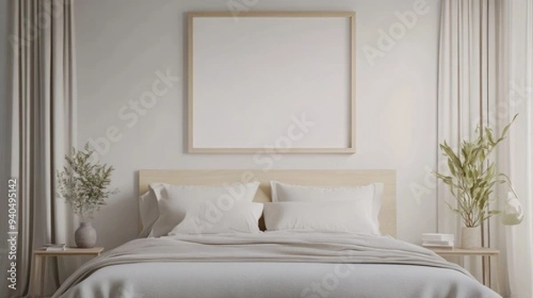 Fototapeta Minimalist Bedroom Interior with Empty Picture Frame and Bedside Tables