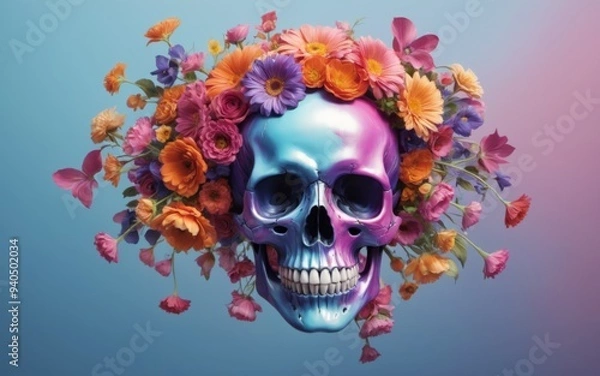 Fototapeta Vibrant Floral Skull Art with Colorful Wreath on Blue Background