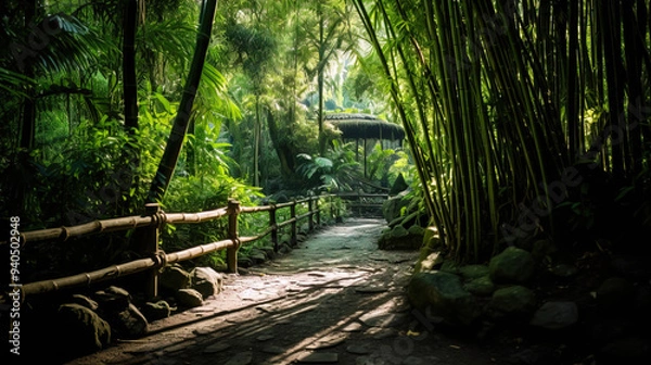 Fototapeta Serene Bamboo Forest Pathway - Lush Greenery and Sunlight