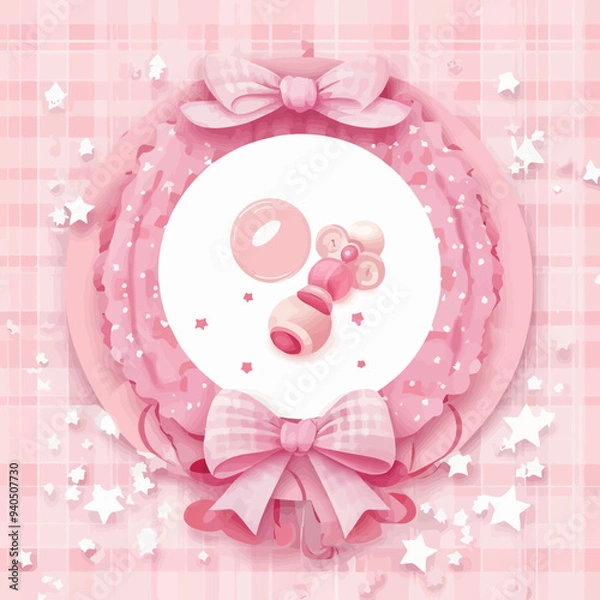 Fototapeta Pink and white cake with bow and stars, on a pink plate, with a bow and star decoration, set against a paisley patterned background.