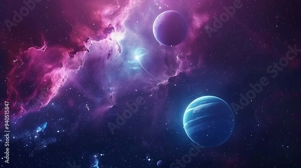 Fototapeta Beautiful astronomy backdrop showing planets, stars, and cosmic dust in deep space, realistic HD capture