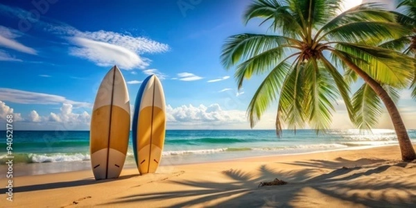 Fototapeta Surfboards Under Palm Tree on Sunny Beach, Surfboard, Tropical Beach, Summer Vacation