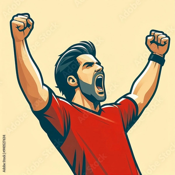 Obraz Illustration of a Man Celebrating Victory with Raised Arms in Minimalistic Cartoon Style