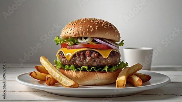 Fototapeta Hamburger with fries