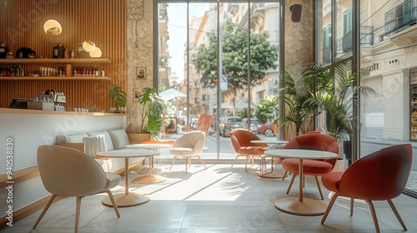 Obraz Modern-style cafe. The seating is arranged in a large circle, with comfortable and inviting chairs facing the center. Generative AI.