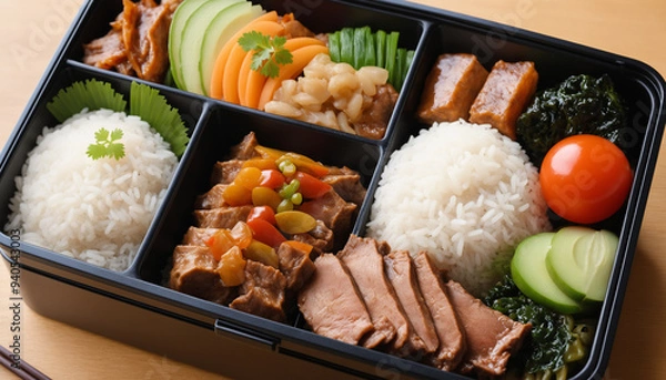 Fototapeta A large bento box with meat and salad