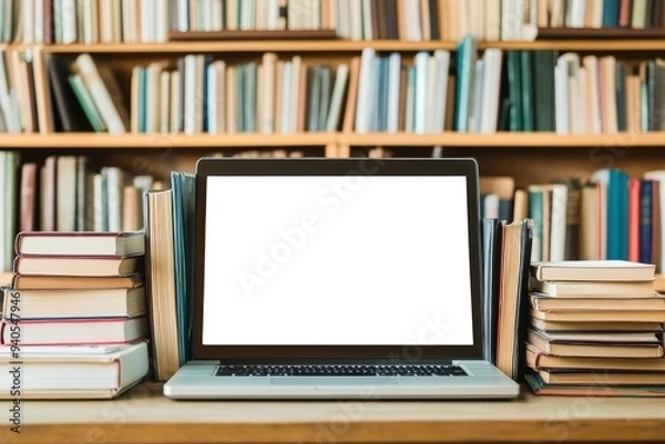 Obraz Laptop with Blank Screen Surrounded by Stacks of Books in Front of a Bookshelf, Academic Workspace

