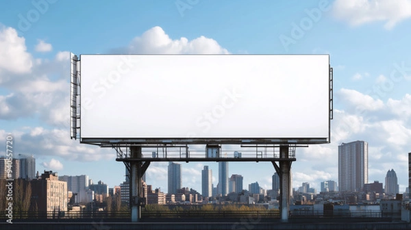 Fototapeta Huge plain blank white advertising billboard poster mock-up in front of the modern city buildings
