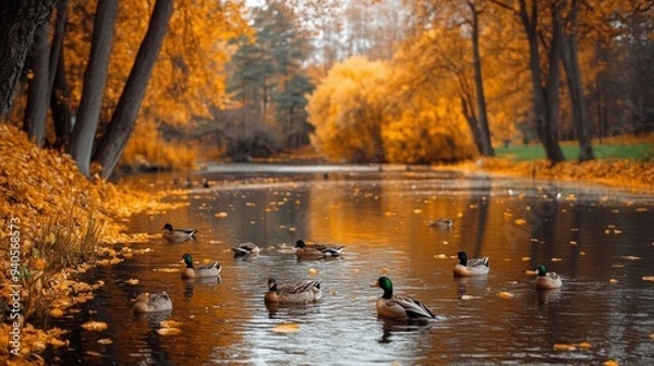 Fototapeta Wild duck pond in a park in autumn in Russia.