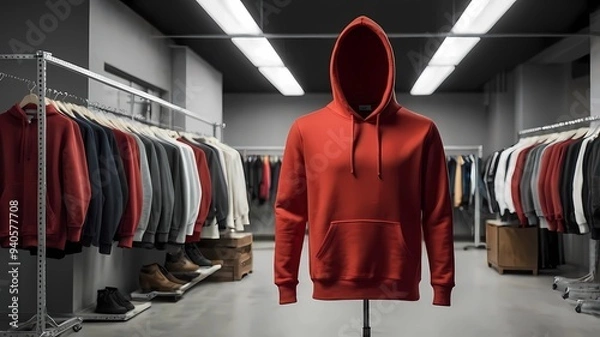 Fototapeta A vibrant red hoodie is displayed on a mannequin in a modern clothing store. The minimalist store layout, generetive ai