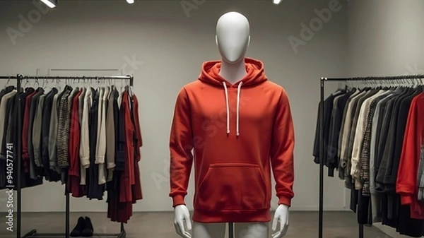 Fototapeta A vibrant red hoodie is displayed on a mannequin in a modern clothing store. The minimalist store layout, generetive ai