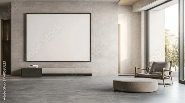 Fototapeta Minimalist Living Room with Large Blank Canvas and Window View