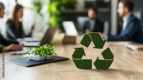 Fototapeta Group of business people planning and discussing on recycle reduce reuse policy symbol in office meeting room. 