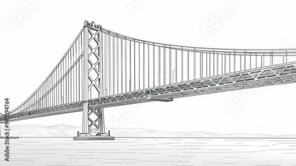 Fototapeta Black and white line drawing of a suspension bridge.