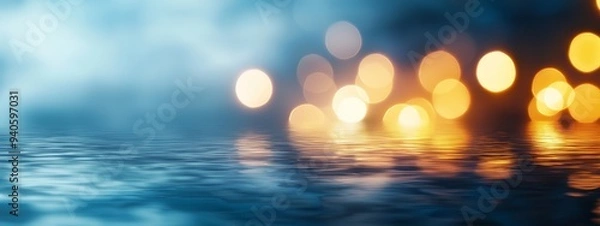 Fototapeta  A crisp image of lights mirrored on a water body's surface with a clear blue sky behind it