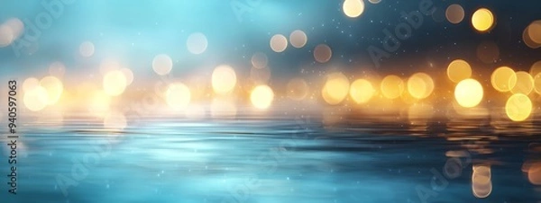 Fototapeta  A blurred image of lights reflected on the water's surface in the foreground is an image of lights in the background also being blurred
