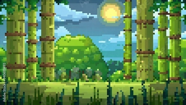 Fototapeta Bamboo forest pixel art background. 8-bit game assets